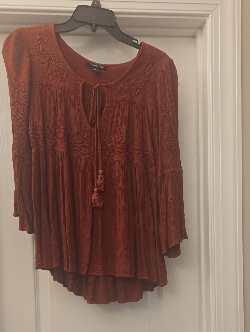 Women’s Rust Embroidered Boho Tunic with Tassel Tie